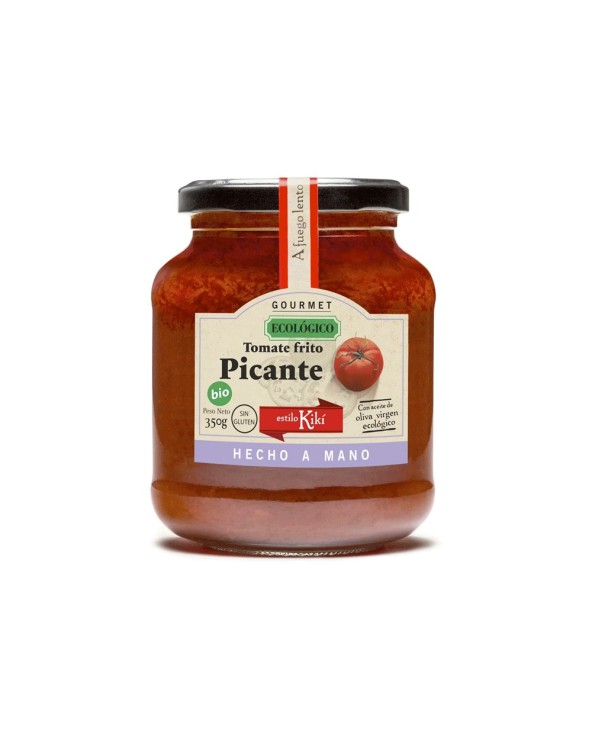 Tomate frito picante ecológico Gourmet. Con aceite de oliva virgen y pimienta de Cayena de Extremadura. 350 g.