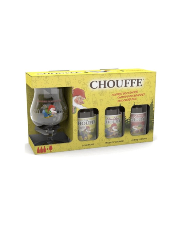 Estuche que incluye 3 cervezas Chouffe (1 Chouffe Blonde, 1 Chouffe Soleil y 1 N'ice Chouffe) y 1 copa con el famoso gnomo del 