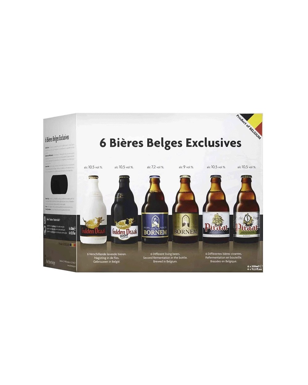 Estuche que incluye 6 cervezas: 1 Piraat, 1 Piraat Triple Hop, 1 Baptist Wit, 1 Monk's Grand Cru, 1 Gulden Draak, 1 GD 9000