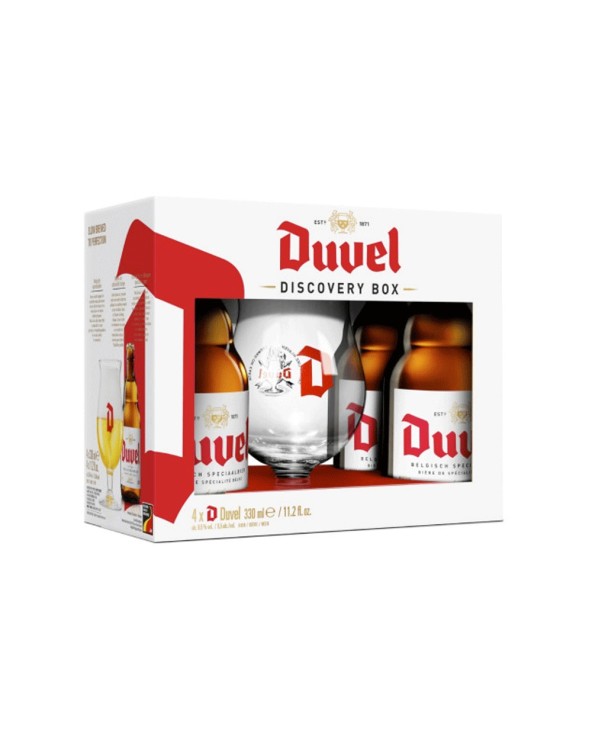 Estuche que incluye 4 botellas de Duvek clásica de 33 cl y 1 vaso original