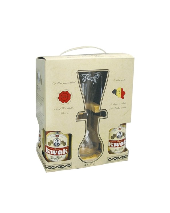 Pack que incluye 4 cervezas belgas Kwak 33 cl y un vaso original con el famoso soporte de maderra