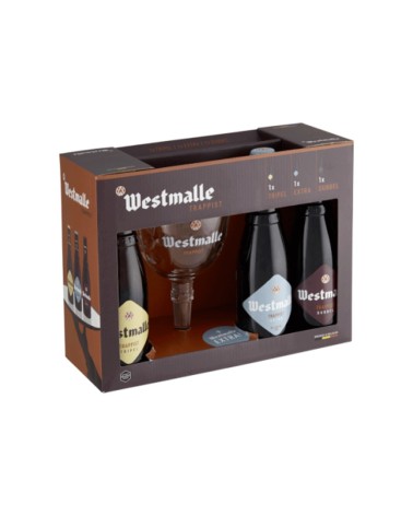 Estuche que contiene 3 botellas de auténtica cerveza belga trapense Westmalle de 33 cl y 1 vaso original que potencia todo el a