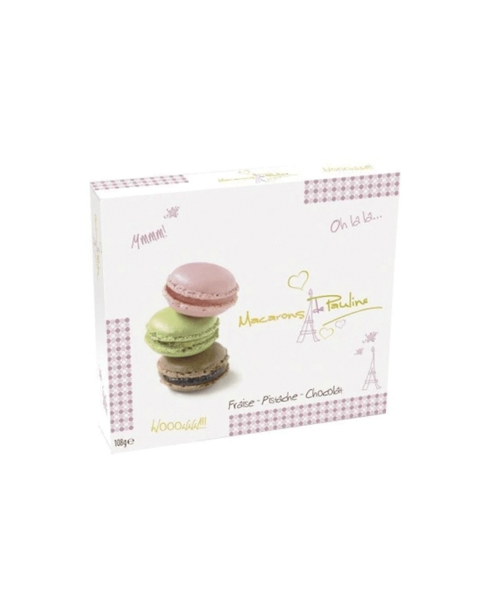 Caja variada de Macarons de Pauline: Fresa, Pistacho y Chocolate. 108 g - 12 Uds