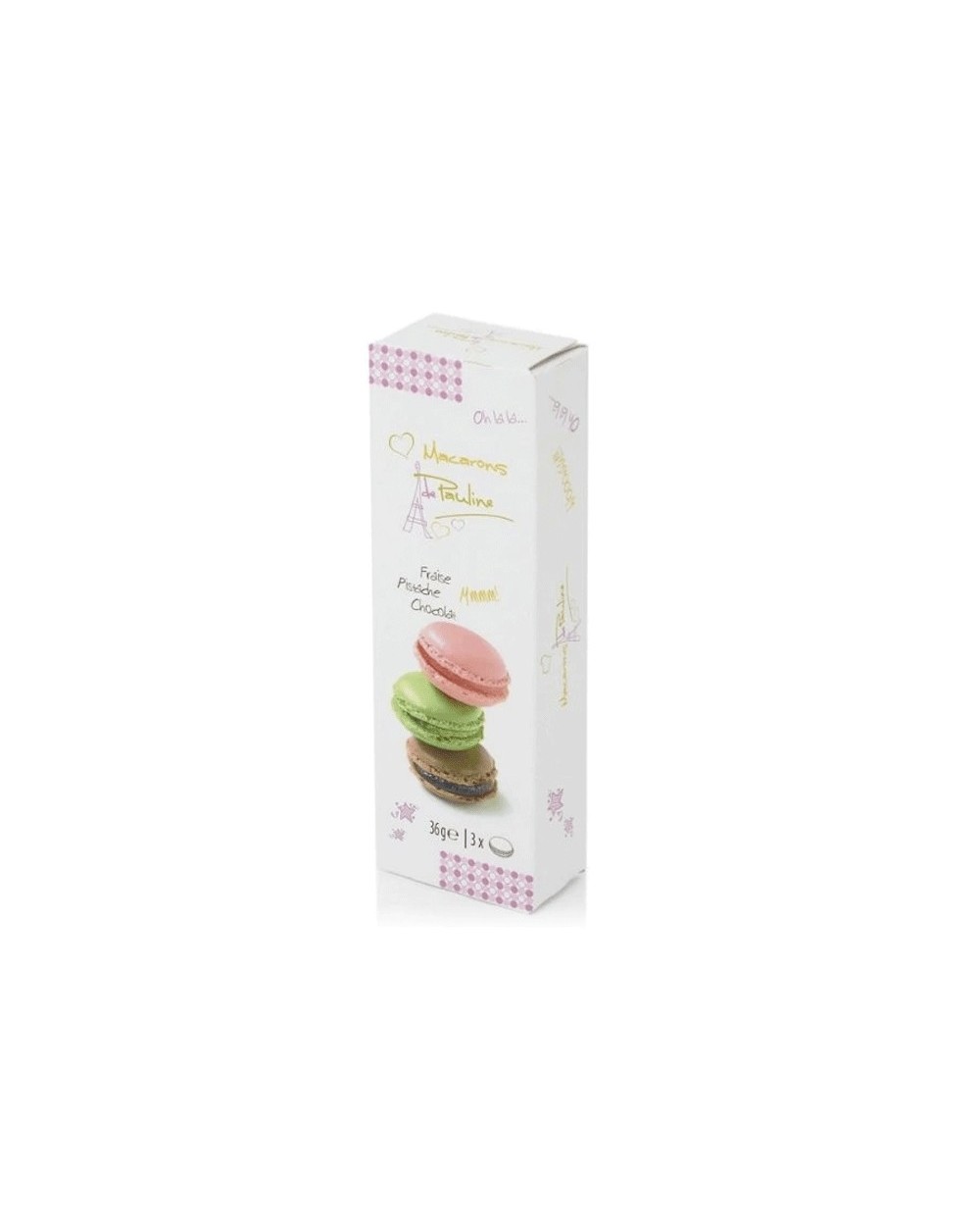 Caja variada de Macarons de Pauline: Fresa, Pistacho y Chocolate. 36 g - 20 Uds