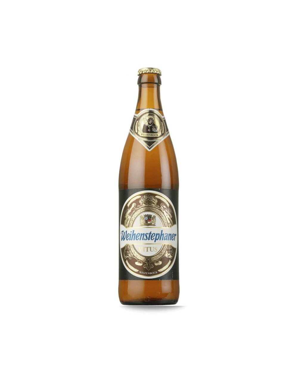 Weihenstephan Vitus Weizenbock 50 cl. Cerveza de trigo fuerte con un color dorado brillante y un aroma afrutado a plátano y esp